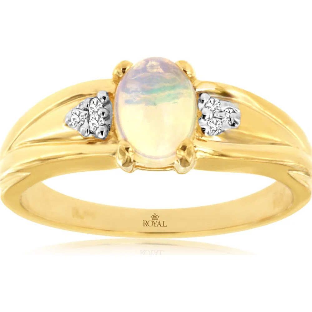 14K Yellow Gold Oval Opal and Diamond Accent Ring - 0.50 Carat Opal, 0.06 Carat Total Diamond Weight - Royal Jewelry
