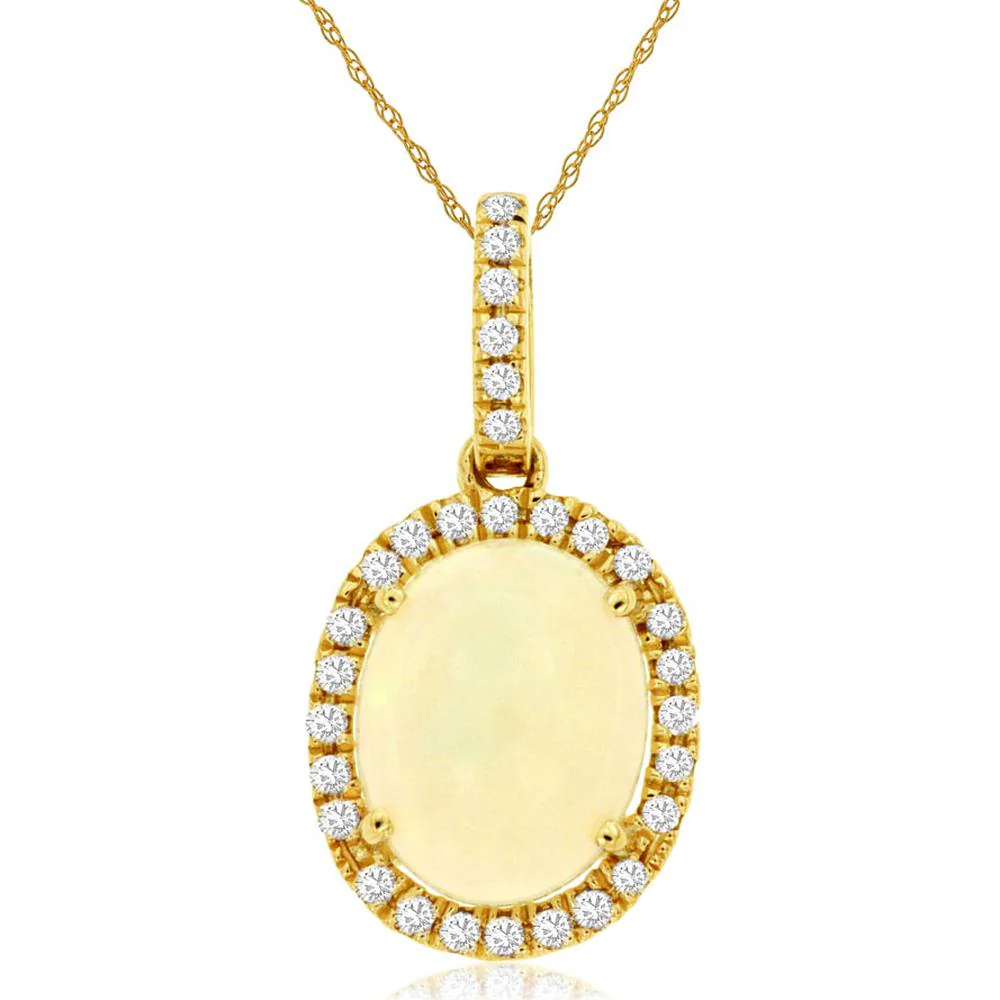 14K Yellow Gold Oval Opal and Diamond Halo Pendant with Diamond-Accented Bail - 1.70 Carat Oval Opal and 0.18 Carat Total Diamond Weight - Royal Jewelry