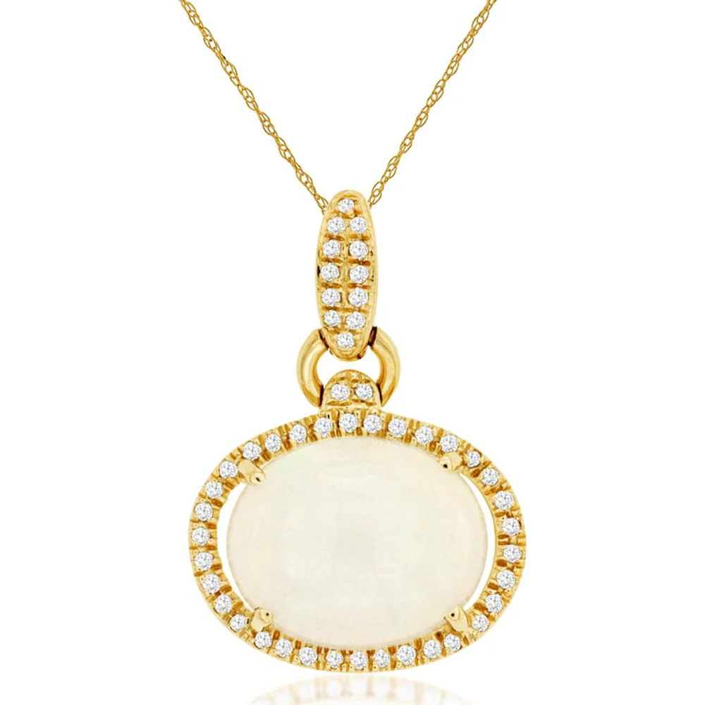 14K Yellow Gold Oval Opal and Diamond Halo Pendant with Diamond Pavé Bail - 3.00 Carat Opal and 0.14 Carat Total Diamond Weight - Royal Jewelry