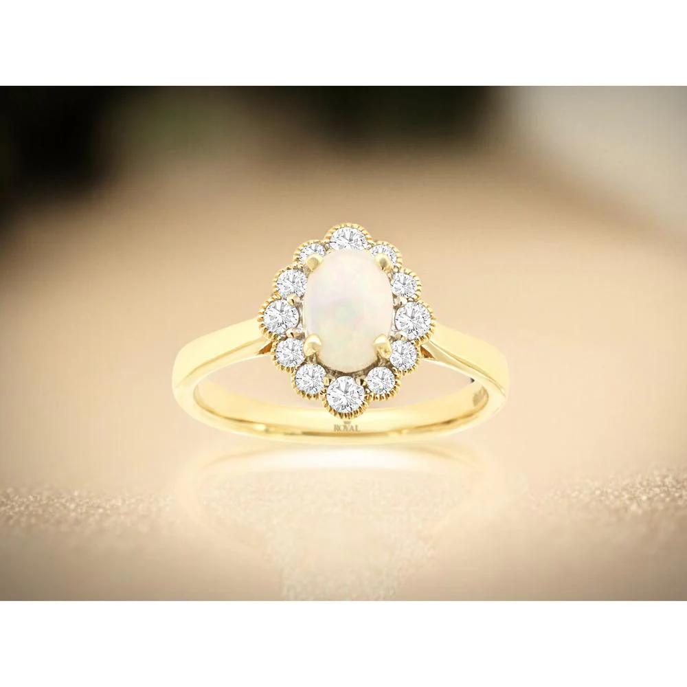 14K Yellow Gold Oval Opal and Diamond Halo Ring with Milgrain Detail - 0.50 Carat Opal and 0.35 Carat Total Diamond Weight - Royal Jewelry - Image 2