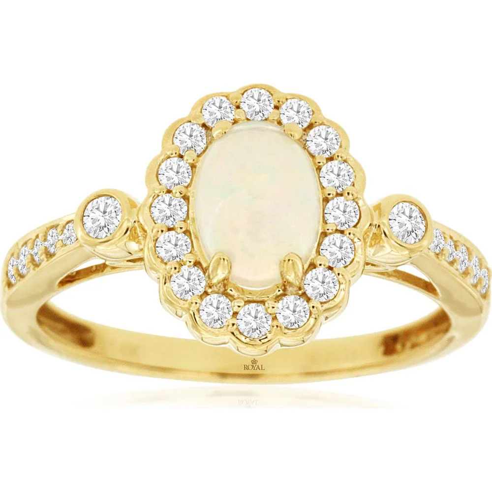 14K Yellow Gold Oval Opal and Diamond Halo Ring with Split Shank Bezel Accents - 0.50 Carat Opal and 0.34 Carat Total Diamond Weight - Royal Jewelry