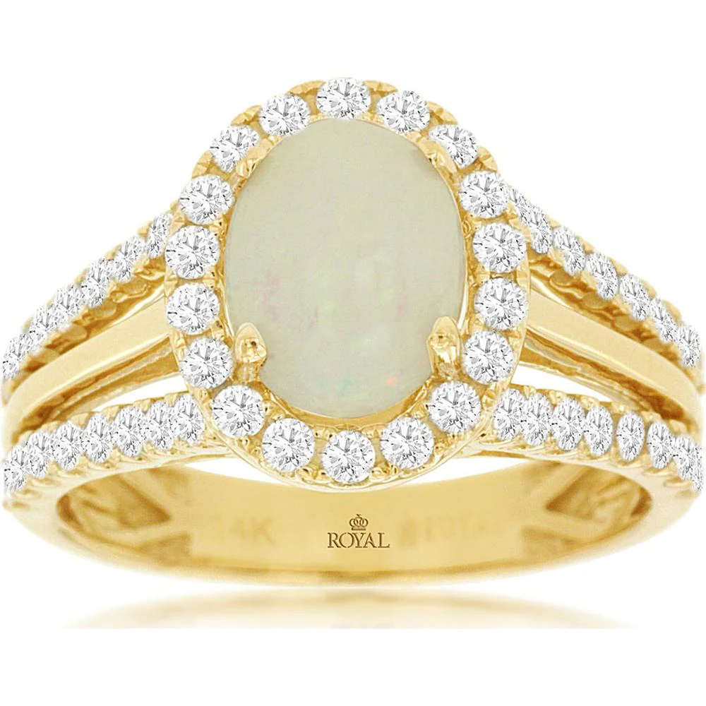 14K Yellow Gold Oval Opal and Diamond Halo Split Shank Ring - 1.10 Carat Opal, 0.82 Carat Diamond Total Weight - Royal Jewelry