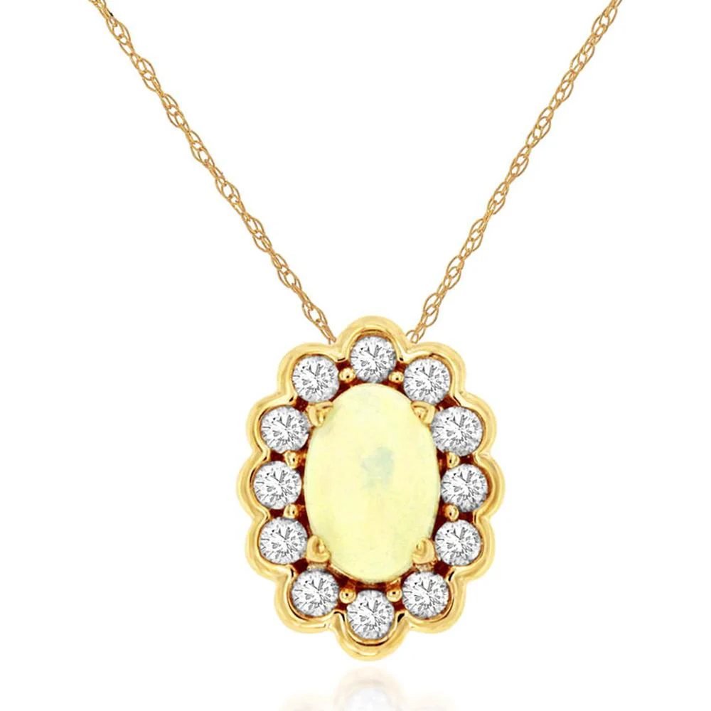 14K Yellow Gold Oval Opal and Round Diamond Halo Pendant Necklace - 0.30 Carat Opal and 0.16 Carat Total Diamond Weight - Royal Jewelry