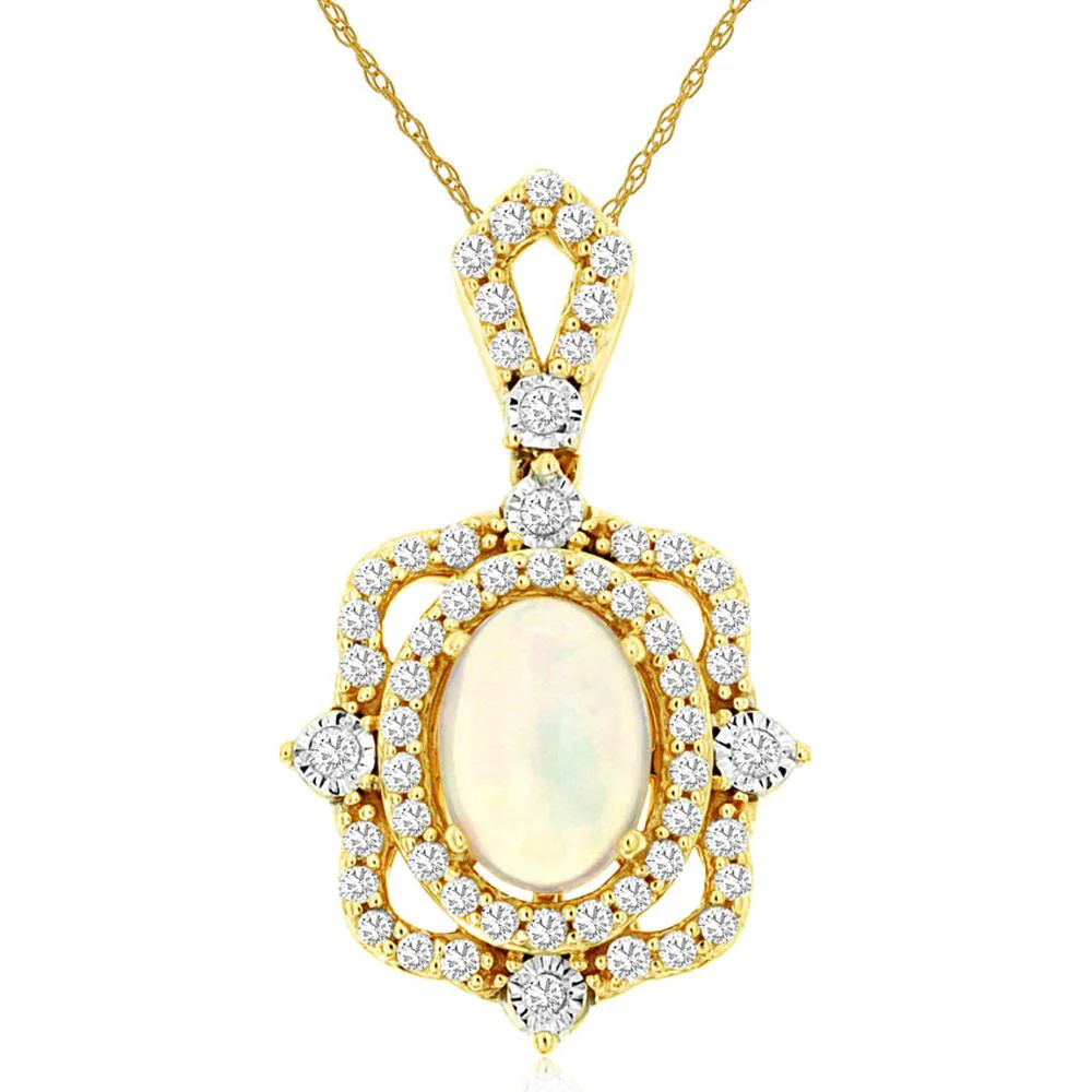 14K Yellow Gold Oval Opal Pendant with Diamond Halo and Openwork Diamond Frame - 0.50 Carat Opal & 0.25 Carat Total Diamond Weight - Royal Jewelry