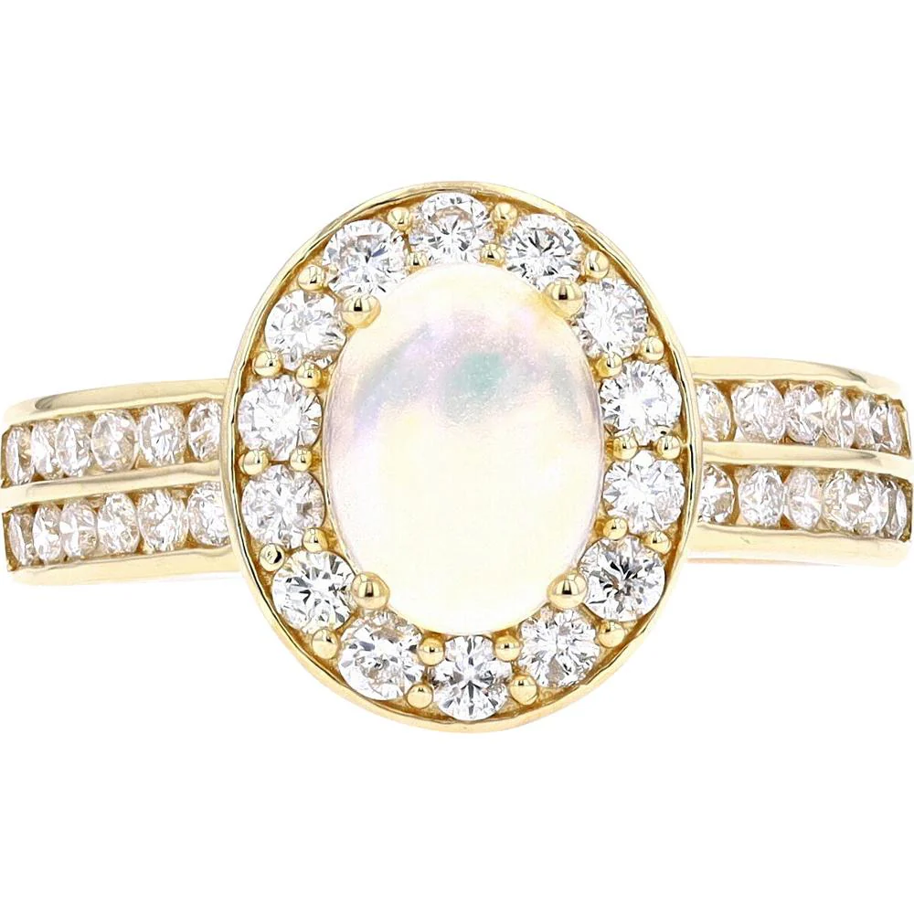14K Yellow Gold Oval Opal Ring with Diamond Halo - 1.00 Carat Total Diamond Weight