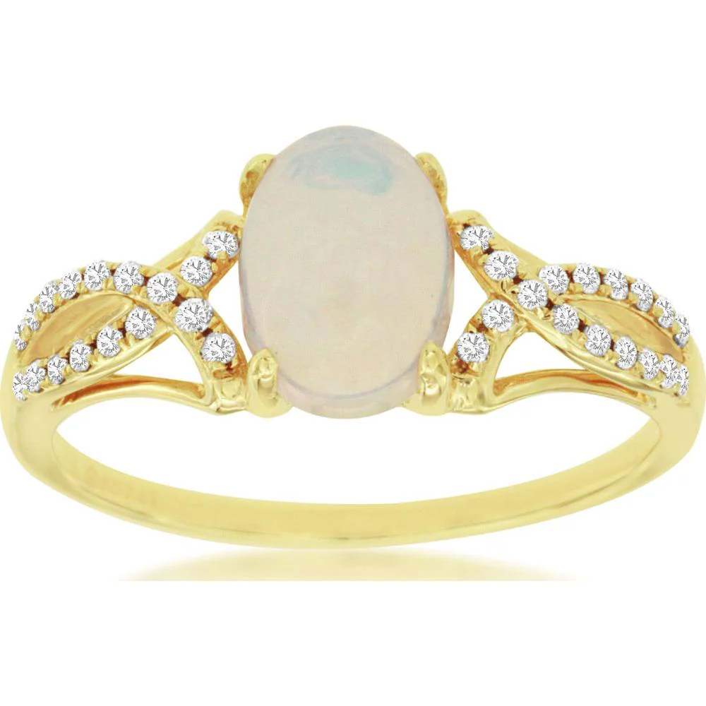 14K Yellow Gold Oval Opal Ring with Round Diamond Accents - 0.90 Carat Opal and 0.14 Carat Total Diamond Weight - Royal Jewelry