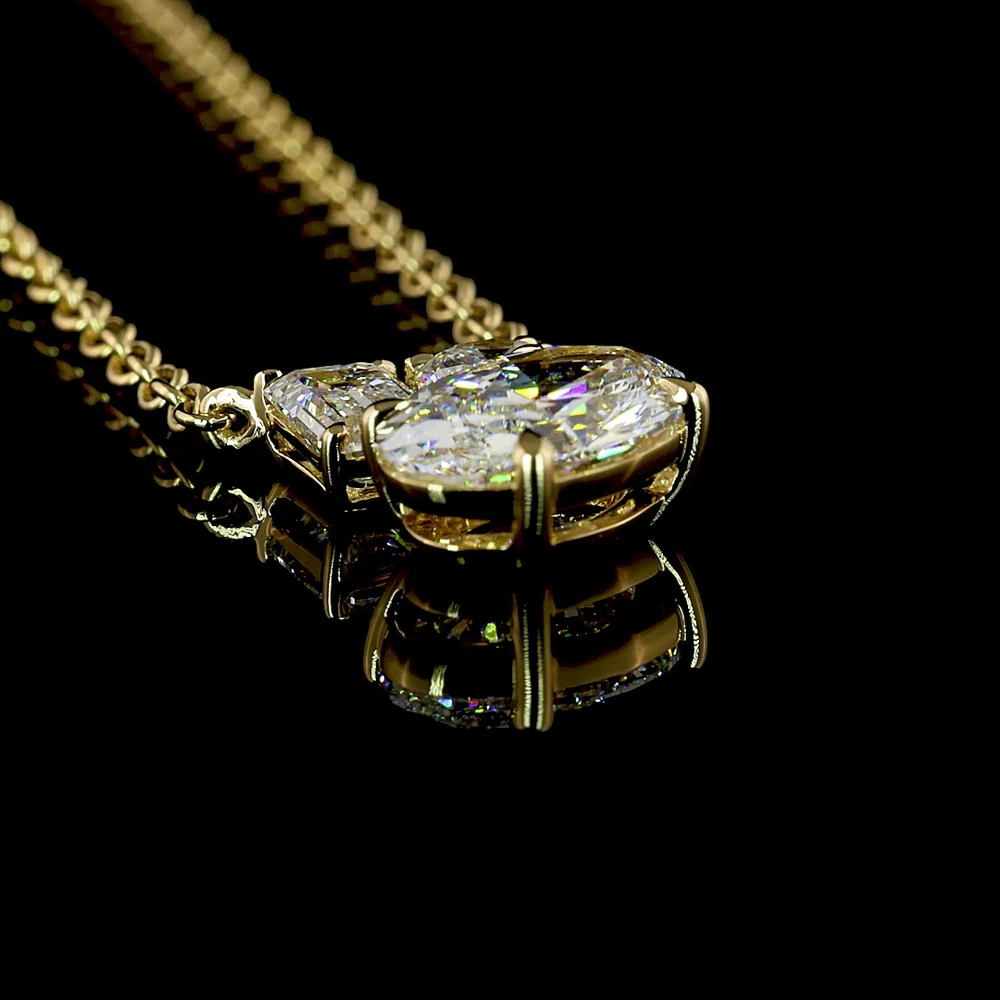 14K Yellow Gold Oval Pendant Necklace with 1.50 Carats Oval, 0.46 Carats Emerald Cut, and 0.28 Carats Round Lab Diamonds - 2.24 Carats Total Diamond Weight - Covaloro Fine Jewelry - Image 3