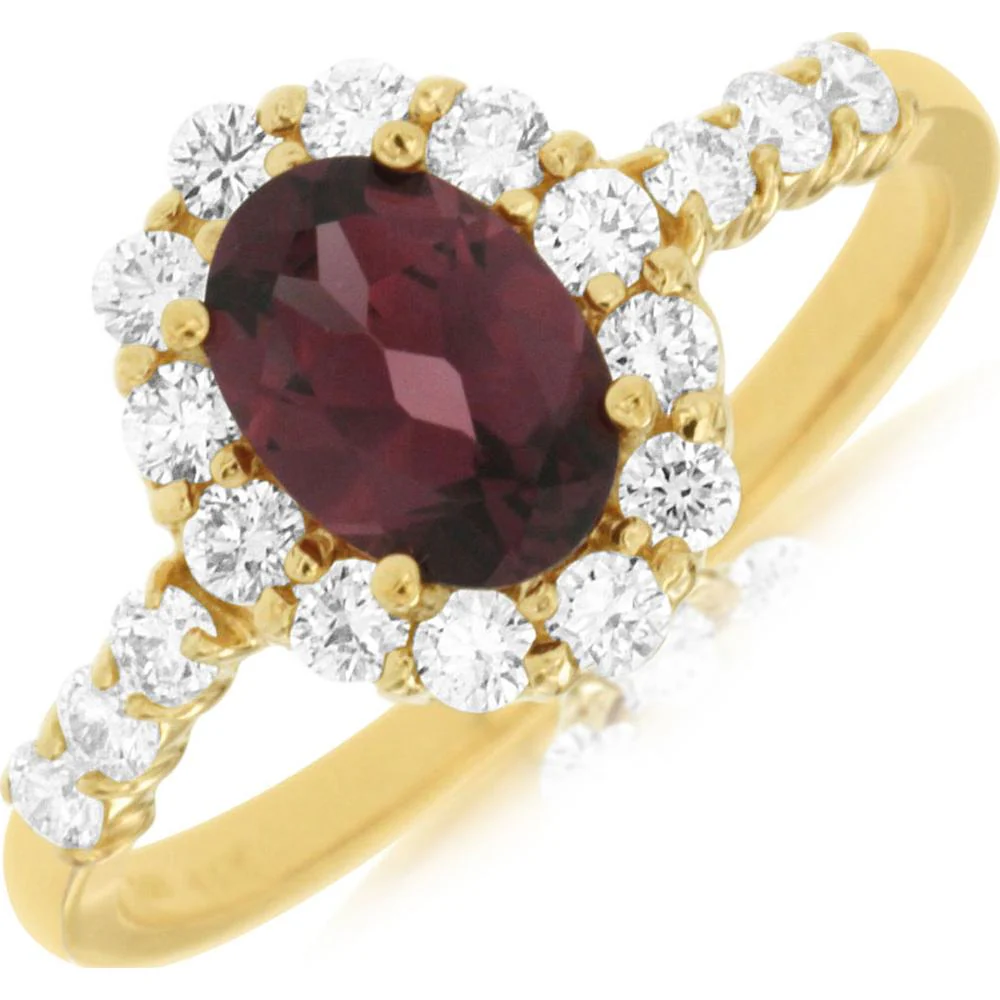 14K Yellow Gold Oval Rhodolite and Diamond Halo Ring with Diamond Accented Band - 1.00 Carat Rhodolite and 0.47 Carat Total Diamond Weight - Royal Jewelry