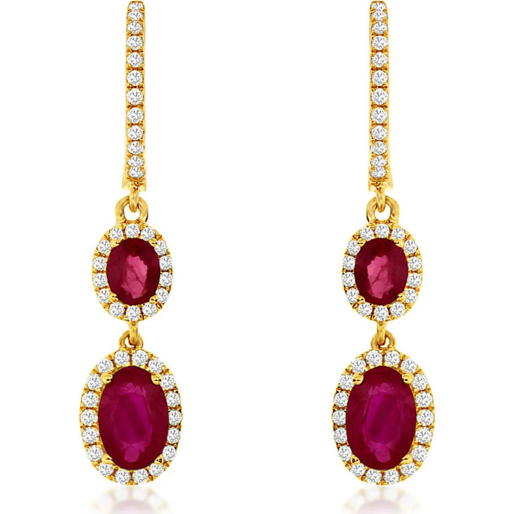 14K Yellow Gold Oval Ruby & Diamond Halo Drop Earrings - 1.82 Carat Total Ruby Weight (0.30 Carat Upper & 1.52 Carat Lower) - Royal Jewelry