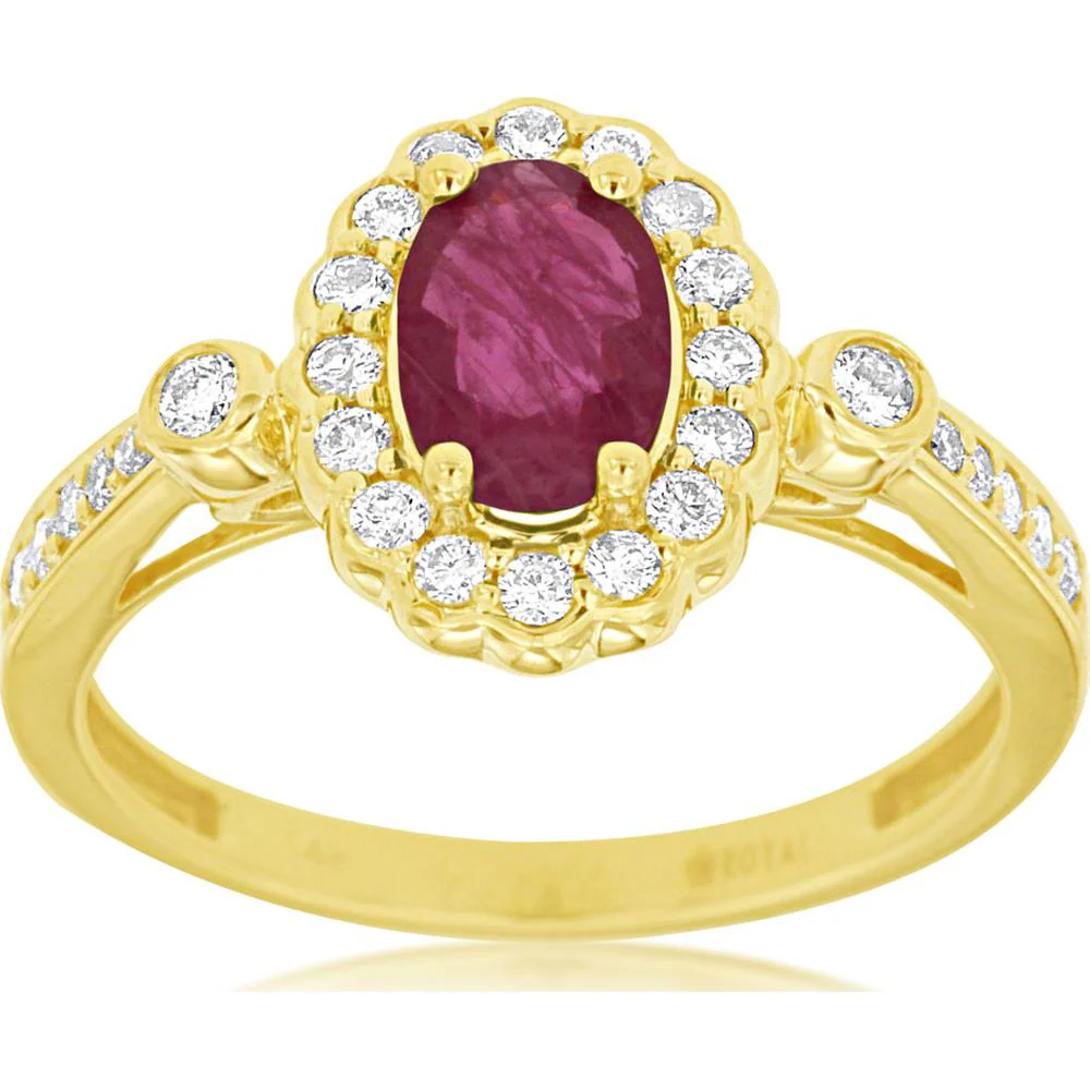 14K Yellow Gold Oval Ruby and Diamond Halo Ring with 0.90 Carat Ruby and 0.34 Carat Total Diamond Weight - Royal Jewelry