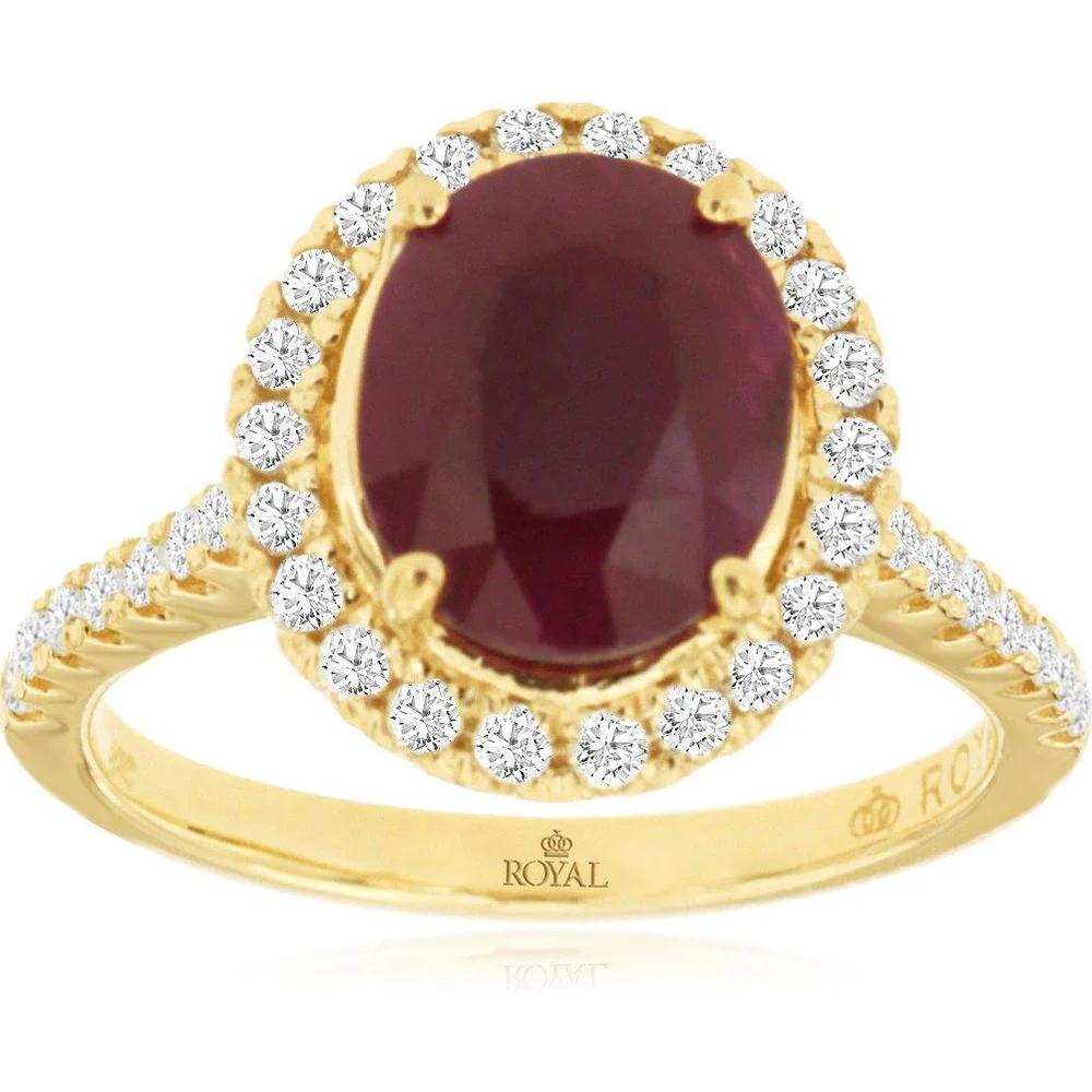 14K Yellow Gold Oval Ruby and Diamond Halo Ring with Milgrain Detail - 3.10 Carat Ruby and 0.60 Carat Diamonds - Royal Jewelry
