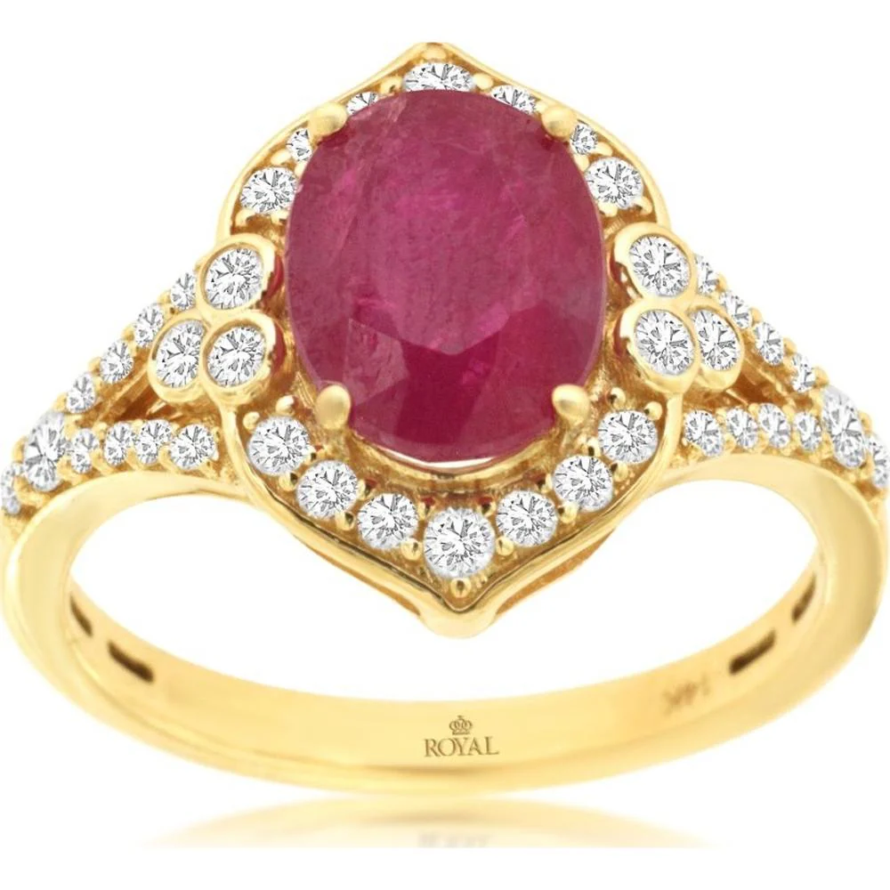 14K Yellow Gold Oval Ruby and Diamond Halo Split Shank Ring - 2.30 Carat Ruby Total Weight, 0.40 Carat Diamond Total Weight - Royal Jewelry