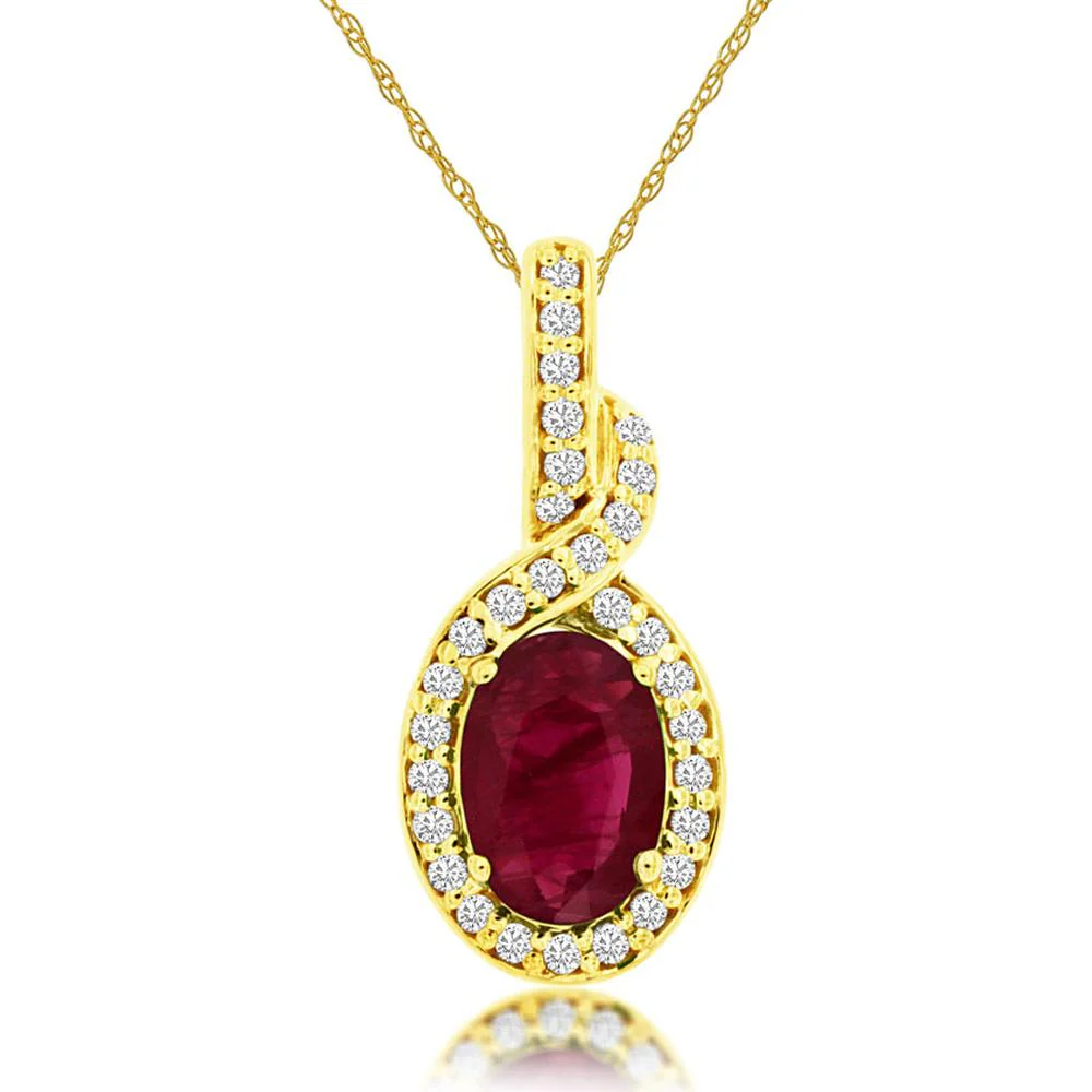 14K Yellow Gold Oval Ruby and Diamond Swirl Halo Pendant with 0.90 Carat Ruby and 0.12 Carat Total Diamond Weight - Royal Jewelry
