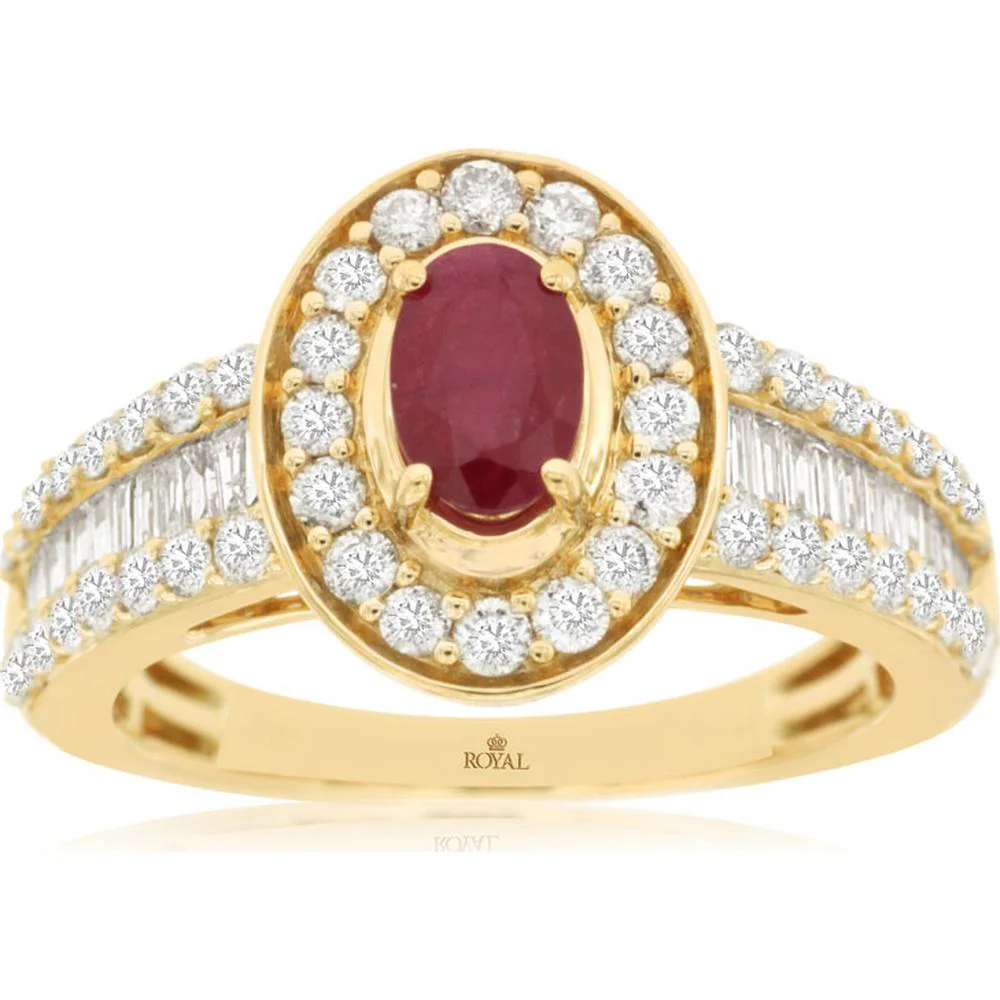 14K Yellow Gold Oval Ruby Halo Ring with Round and Baguette Diamonds - 0.56 Carat Ruby and 1.00 Carat Total Diamond Weight - Royal Jewelry