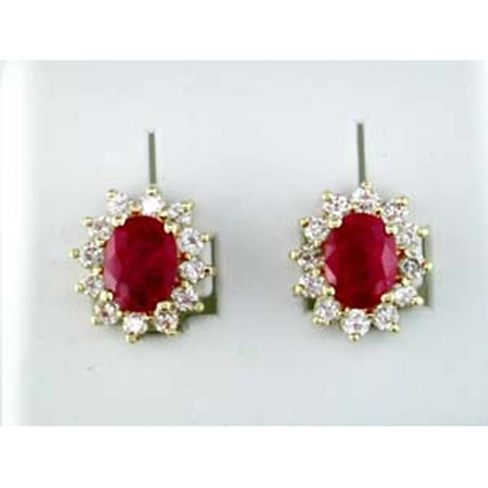 14K Yellow Gold Oval Ruby Halo Stud Earrings with Round Diamonds - 2.70 Carat Total Ruby Weight, 1.26 Carat Total Diamond Weight - Royal Jewelry