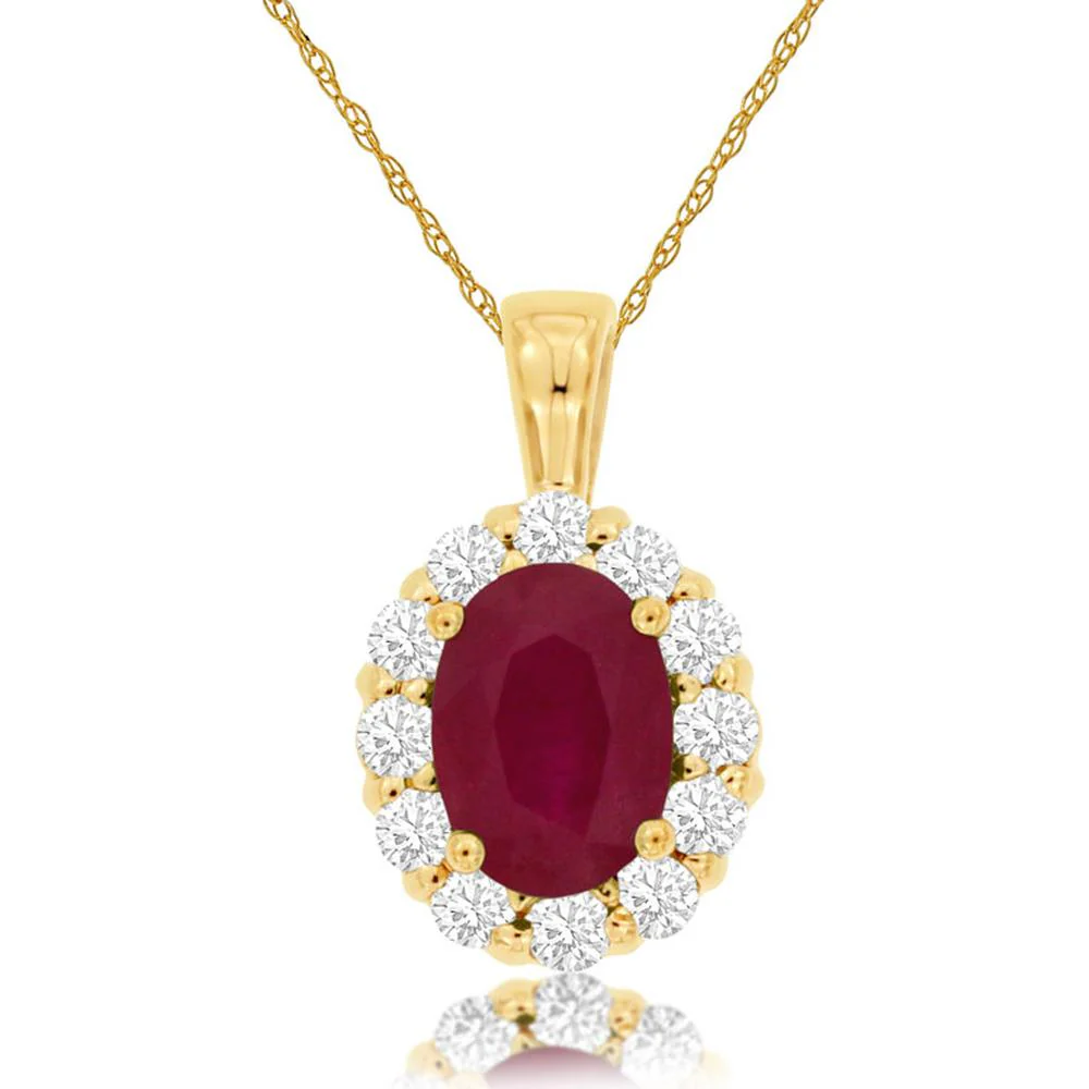 14K Yellow Gold Oval Ruby Pendant with Round Diamond Halo - 0.90 Carat Ruby and 0.30 Carat Total Diamond Weight - Royal Jewelry