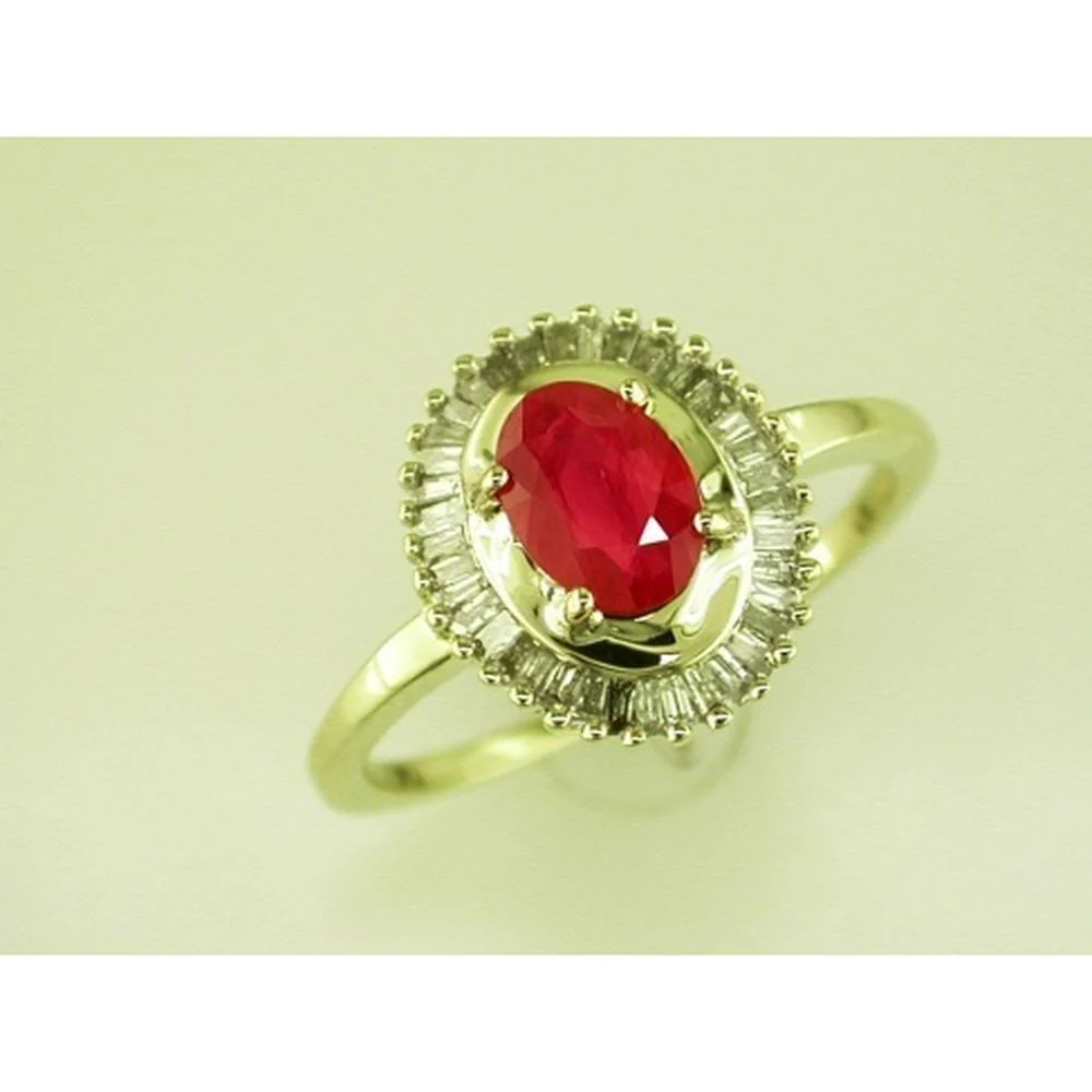 14K Yellow Gold Oval Ruby Ring with Baguette Diamond Halo Accents - 0.90 Carat Ruby and 0.25 Carat Total Diamond Weight - Royal Jewelry
