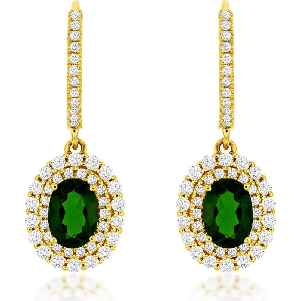 14K Yellow Gold Oval Russalite and Diamond Double Halo Drop Earrings - 1.90 Carat Total Russalite Weight, 0.85 Carat Total Diamond Weight - Royal Jewelry