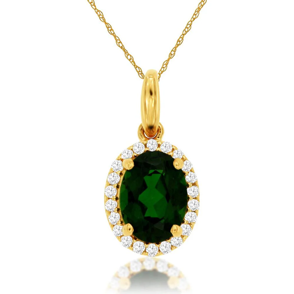 14K Yellow Gold Oval Russalite and Diamond Halo Pendant - 1.30 Carat Russalite, 0.14 Carat Total Diamond Weight - Royal Jewelry