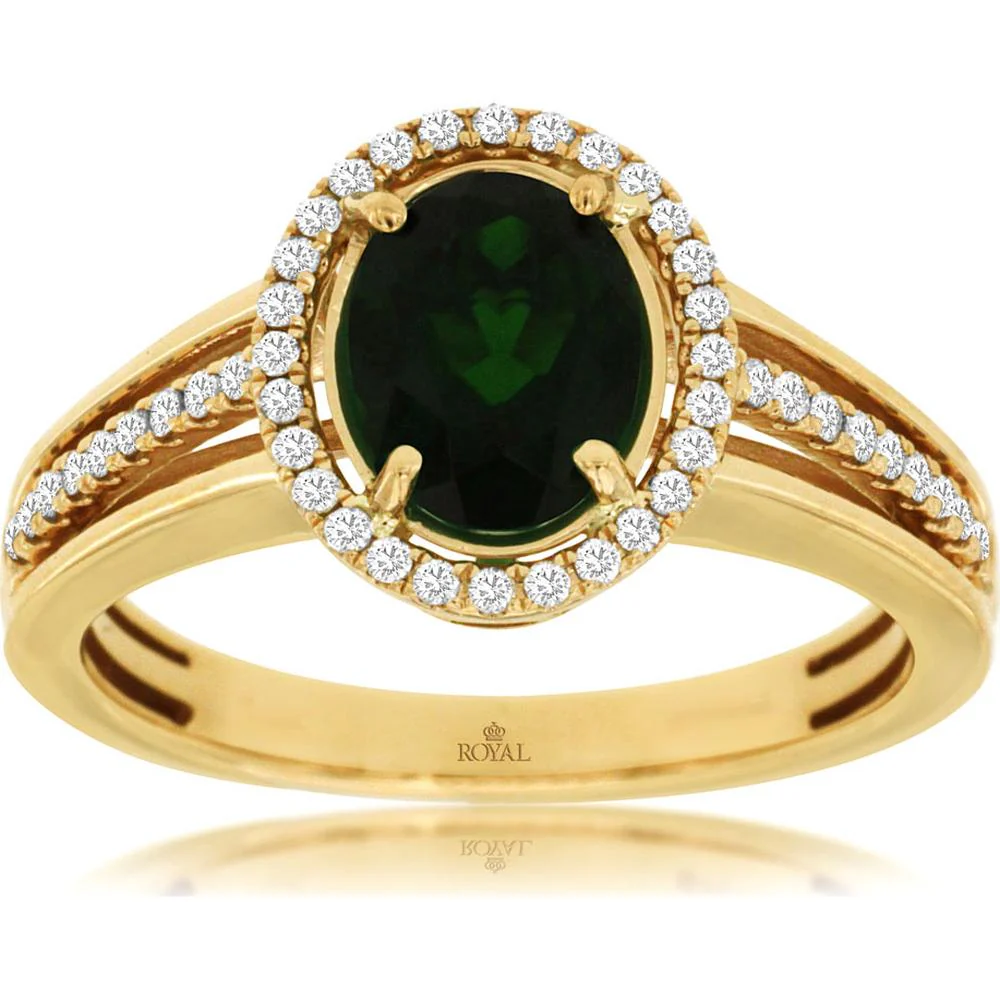 14K Yellow Gold Oval Russalite and Diamond Halo Ring with Split Shank Accents - 1.30 Carat Russalite and 0.20 Carat Total Diamond Weight - Royal Jewelry