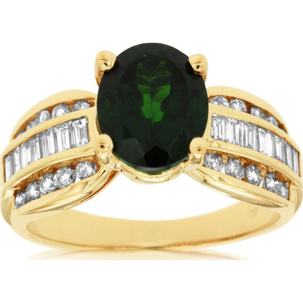 14K Yellow Gold Oval Russalite and Diamond Ring with Round and Baguette Diamonds - 2.60 Carat Russalite and 1.15 Carat Total Diamond Weight - Royal Jewelry