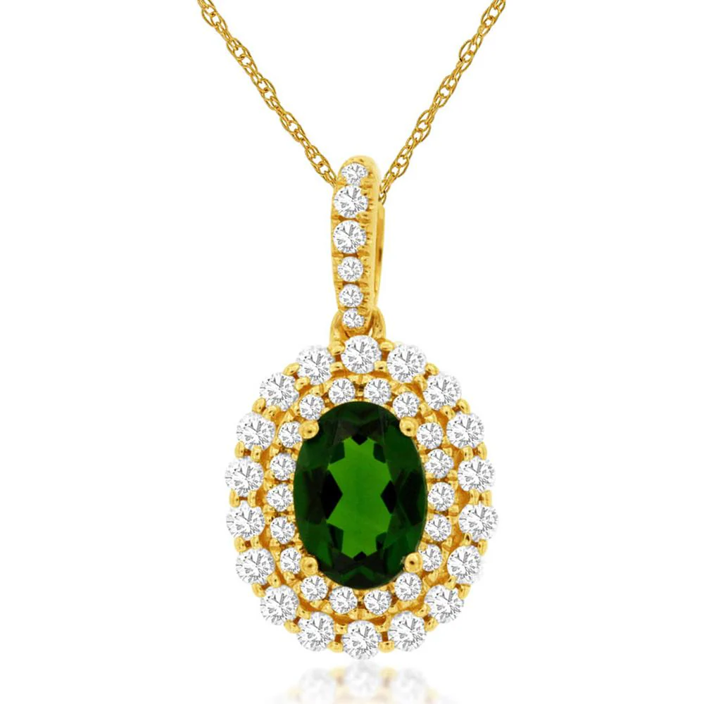 14K Yellow Gold Oval Russalite Pendant with Double Halo Round Brilliant Diamonds - 0.95 Carat Russalite & 0.39 Carat Diamond Total Weight - Royal Jewelry