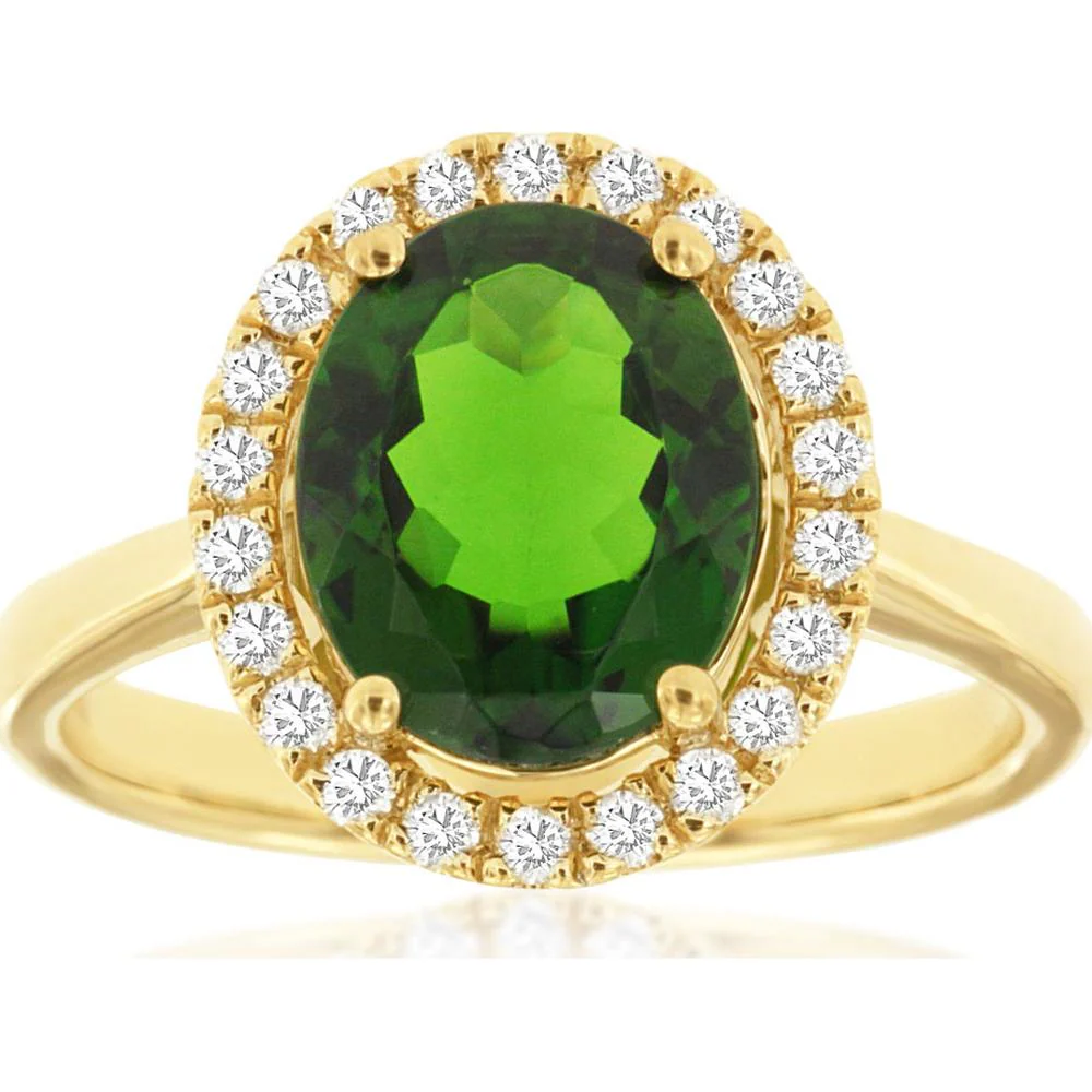 14K Yellow Gold Oval Russalite Ring with Diamond Halo - 2.75 Carat Total Gem Weight - Royal Jewelry