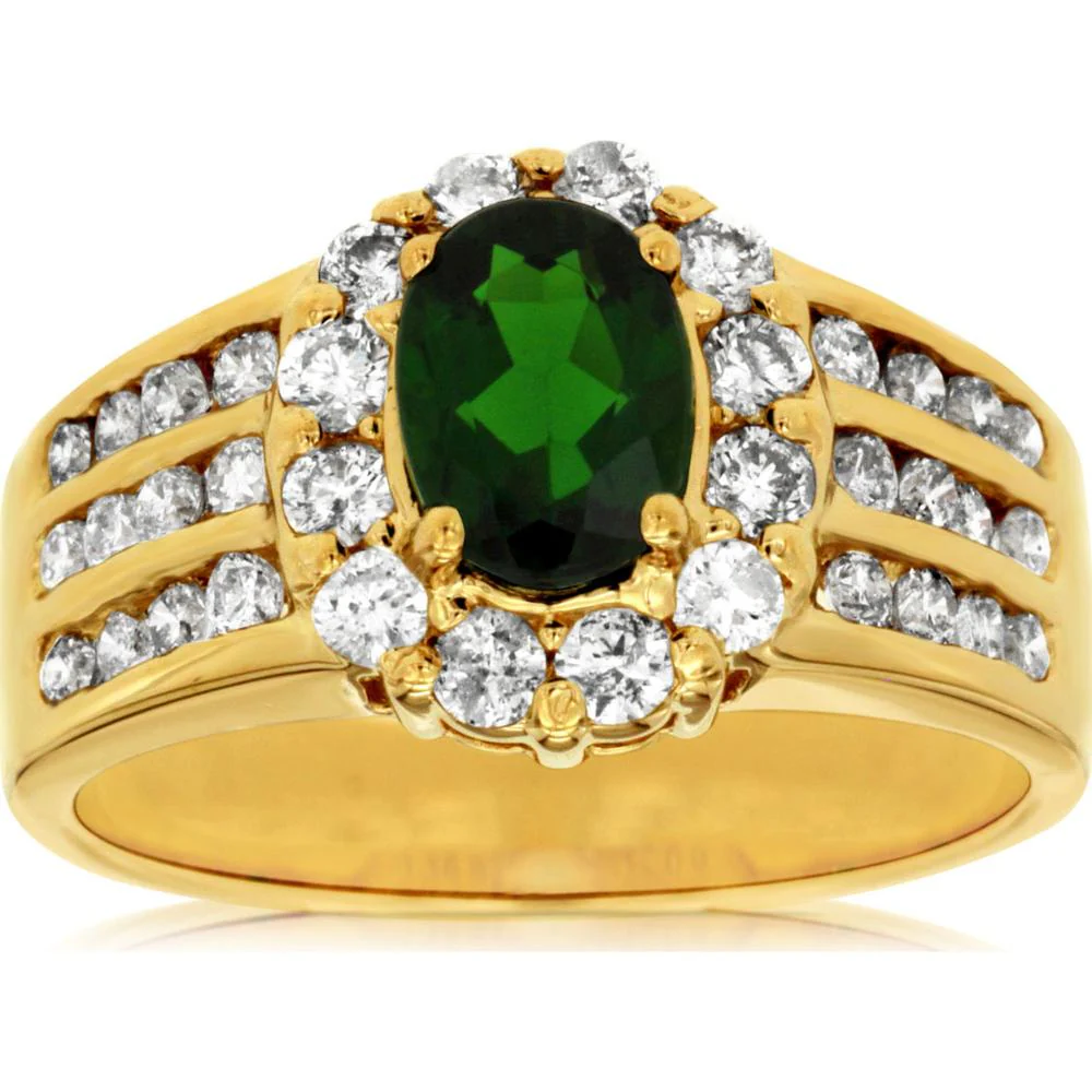 14K Yellow Gold Oval Russalite Ring with Round Diamond Halo and Split Shank - 0.95 Carat Russalite & 0.90 Carat Total Diamond Weight - Royal Jewelry