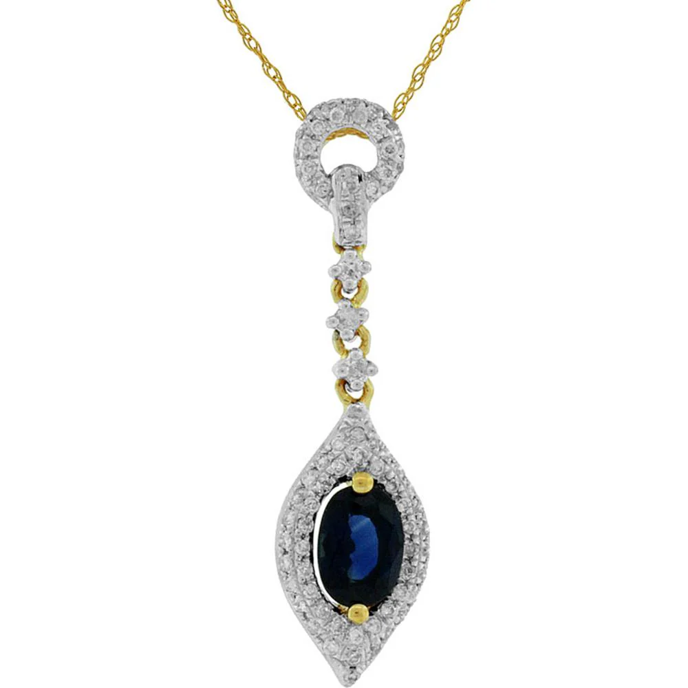 14K Yellow Gold Oval Sapphire & Diamond Halo Drop Pendant - 0.55 Carat Sapphire, 0.17 Carat Total Diamond Weight - Royal Jewelry
