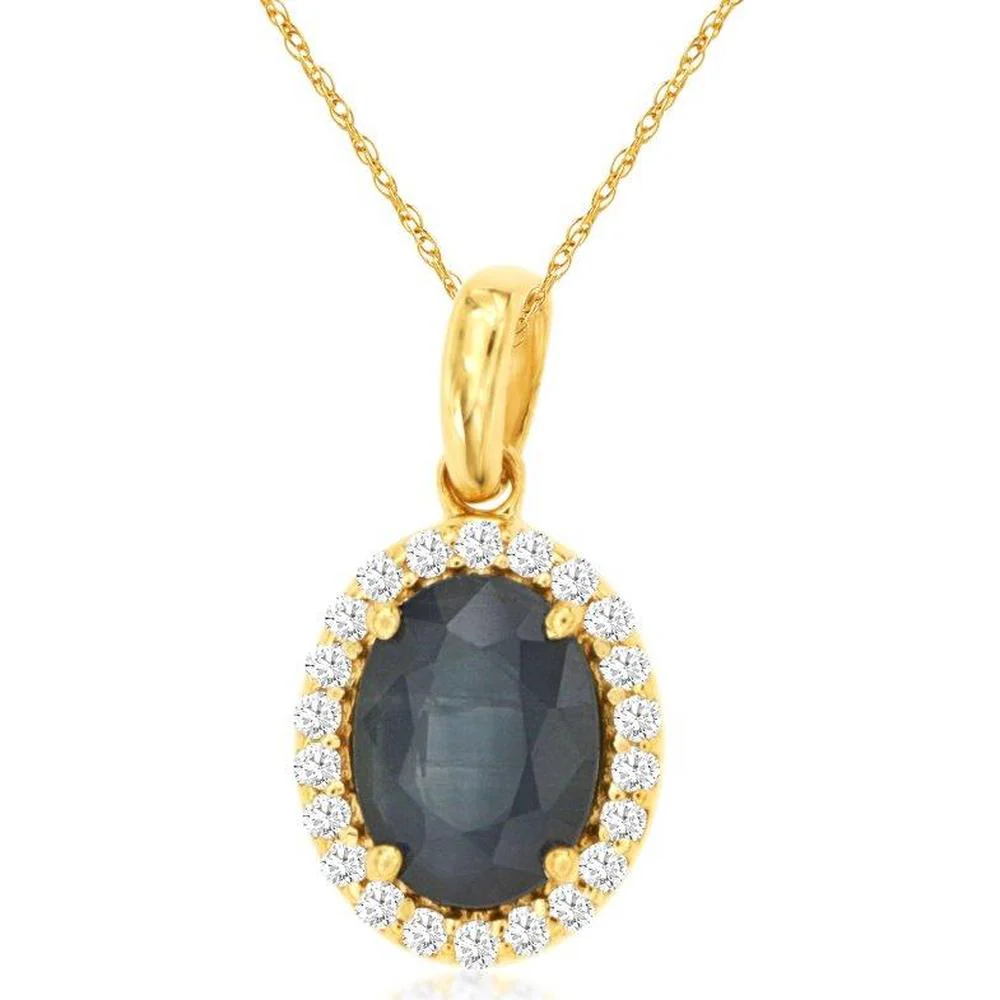 14K Yellow Gold Oval Sapphire and Diamond Halo Pendant with 1.45 Carat Sapphire and 0.14 Carat Total Diamond Weight - Royal Jewelry