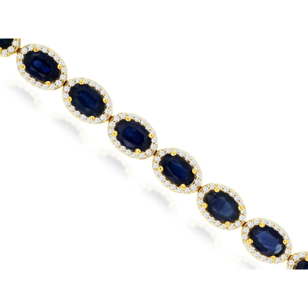 14K Yellow Gold Oval Sapphire and Diamond Halo Station Bracelet - 12.00 Carat Sapphire and 1.40 Carat Diamond Total Weight - Royal Jewelry