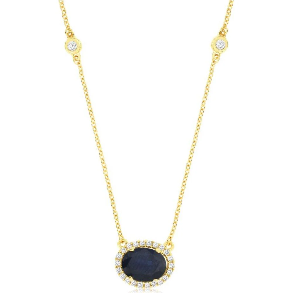 14K Yellow Gold Oval Sapphire and Diamond Halo Station Necklace - 1.47 Carat Sapphire and 0.27 Carat Total Diamond Weight - Royal Jewelry