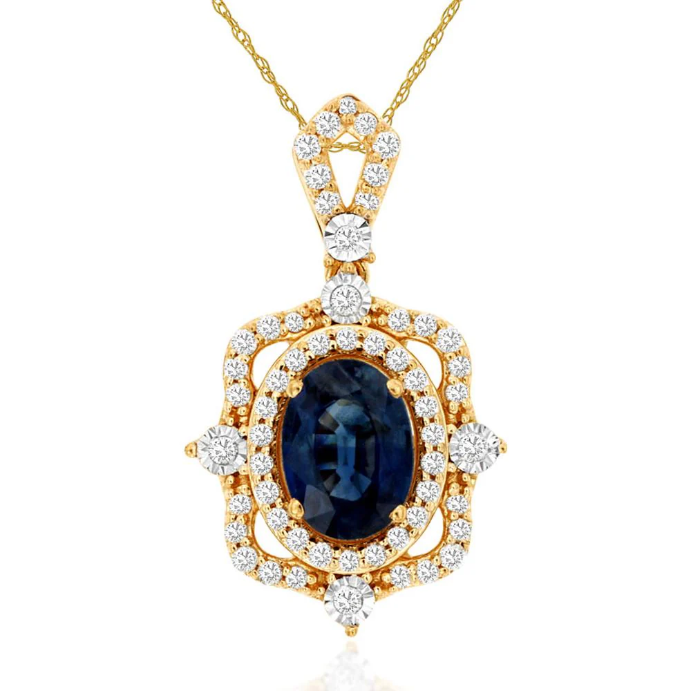 14K Yellow Gold Oval Sapphire and Diamond Pendant with Diamond Accent Bail - 1.00 Carat Sapphire and 0.25 Carat Total Diamond Weight - Royal Jewelry