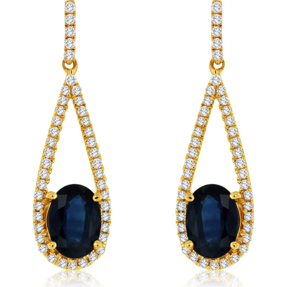14K Yellow Gold Oval Sapphire and Diamond Teardrop Halo Earrings - 2.00 Carat Total Sapphire Weight, 0.35 Carat Total Diamond Weight - Royal Jewelry