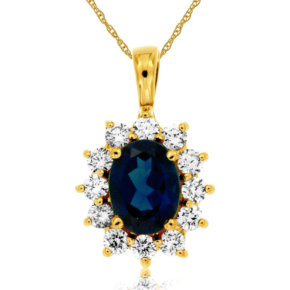 14K Yellow Gold Oval Sapphire and Round Diamond Halo Pendant Necklace - 1.40 Carat Sapphire, 0.63 Carat Total Diamond Weight - Royal Jewelry