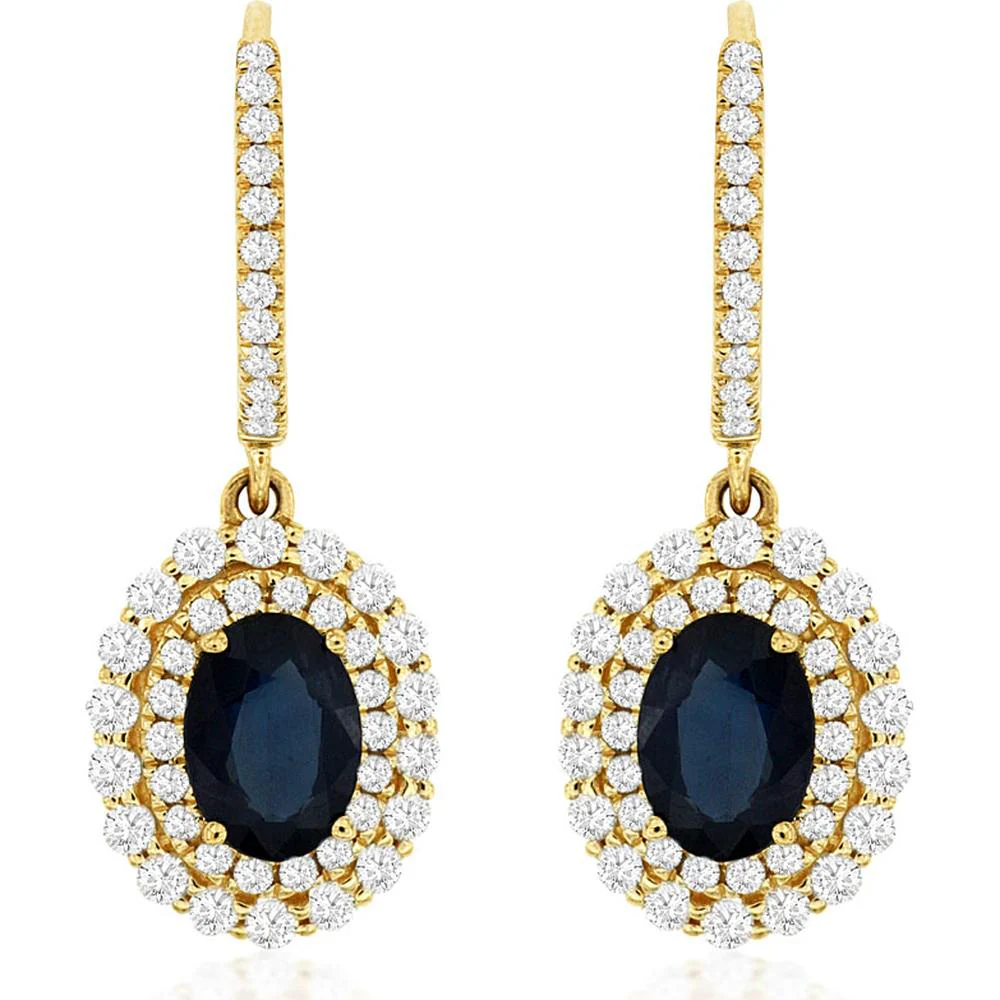 14K Yellow Gold Oval Sapphire Drop Earrings with Double Diamond Halo - 2.00 Carat Sapphire Total Weight, 0.85 Carat Diamond Total Weight - Royal Jewelry