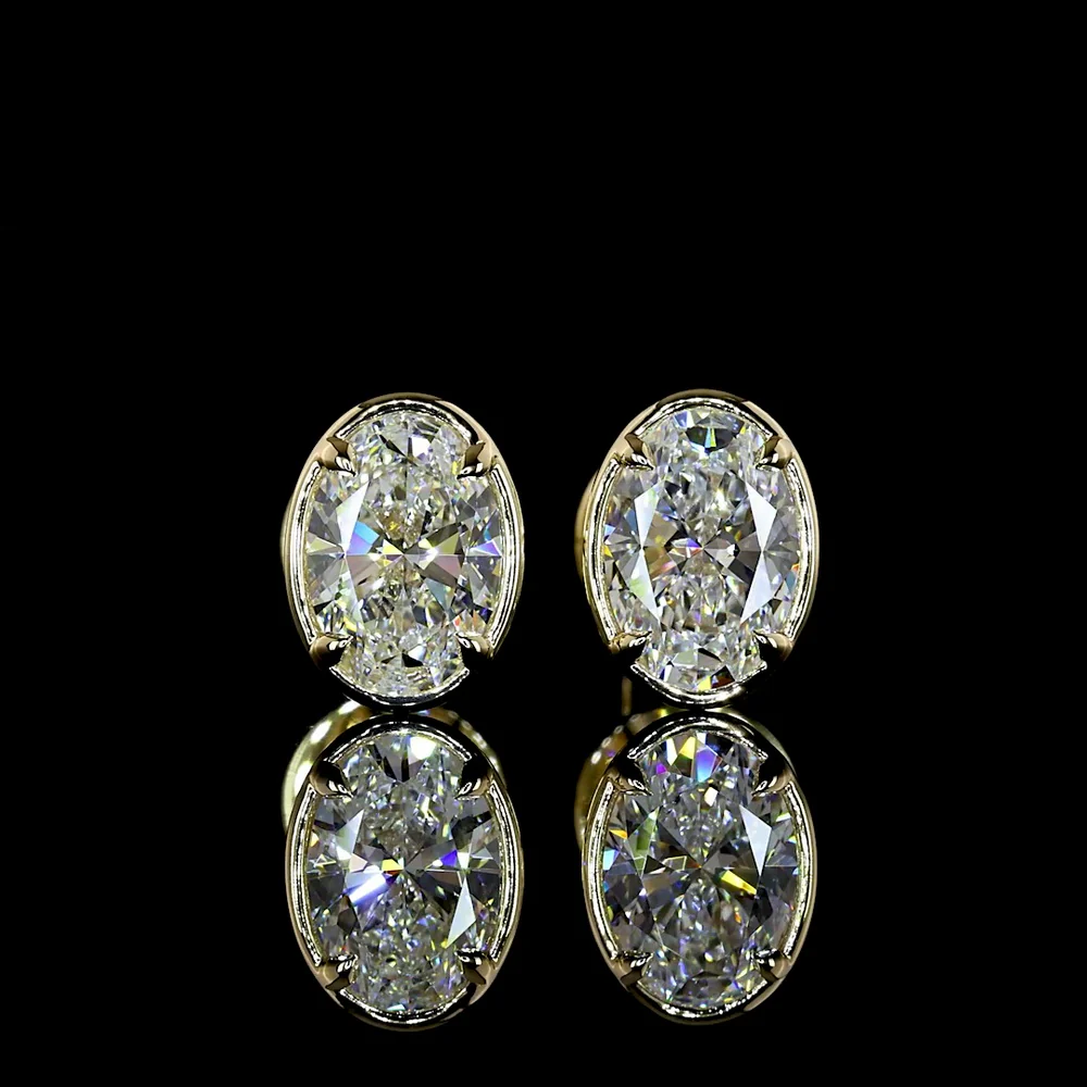 14K Yellow Gold Oval Shape Diamond Stud Earrings with Bezel and Prong Setting - 1.05 Carats Total Diamond Weight (E-F Color, VS Clarity, Lab Grown) - Covaloro Fine Jewelry - Image 2