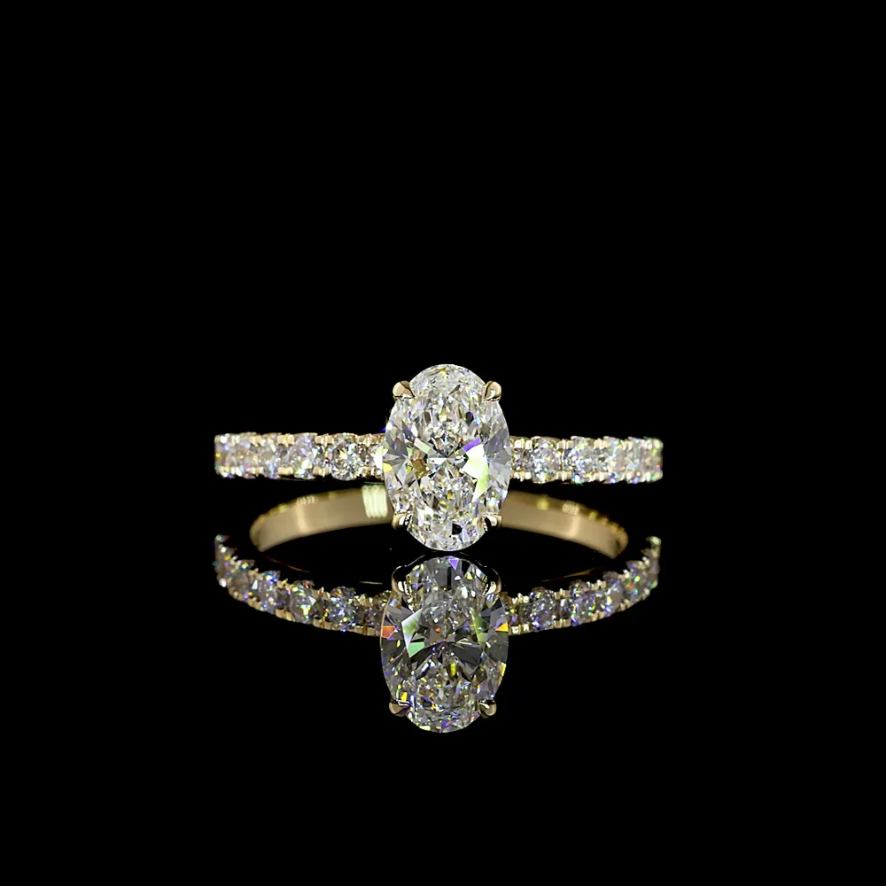 14K Yellow Gold Oval Solitaire Diamond Shank Ring with 1.01 Carat D VVS1 Lab Diamond Center and 0.44 Carat Brilliant Cut Accents - 1.45 Total Carat Weight - Covaloro Fine Jewelry
