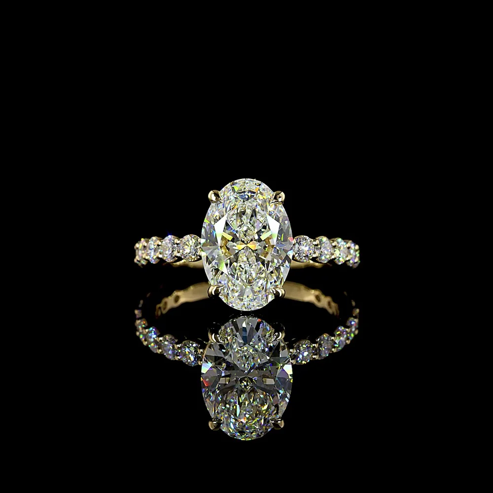 14K Yellow Gold Oval Solitaire Diamond Shank Ring with 3.04 Carat E VVS2 Lab Diamond and 0.89 Carat Brilliant Cut Round Diamond Accents - 3.93 Carat Total Diamond Weight - Covaloro Fine Jewelry