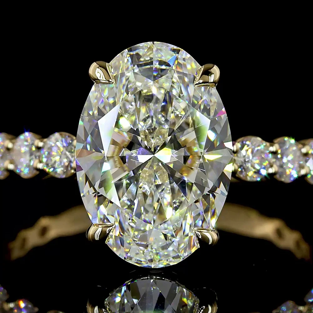 14K Yellow Gold Oval Solitaire Diamond Shank Ring with 3.04 Carat E VVS2 Lab Diamond and 0.89 Carat Brilliant Cut Round Diamond Accents - 3.93 Carat Total Diamond Weight - Covaloro Fine Jewelry - Image 2
