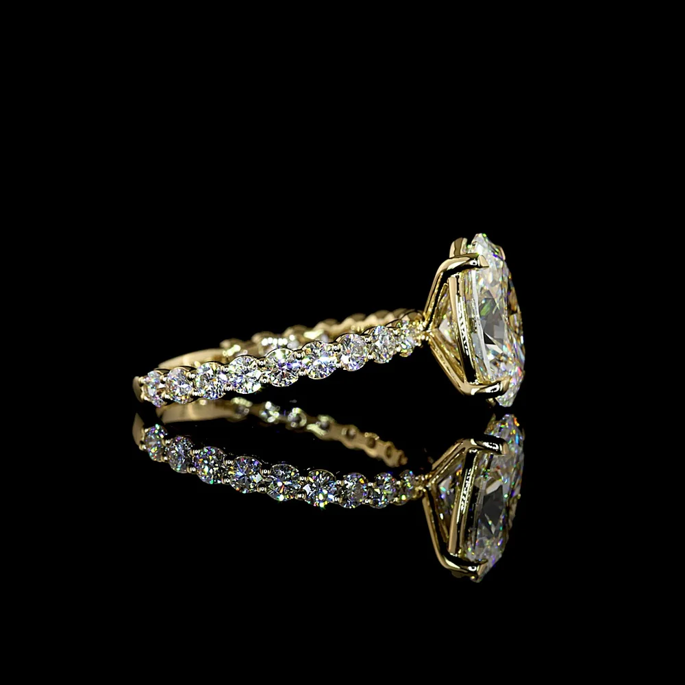 14K Yellow Gold Oval Solitaire Diamond Shank Ring with 3.04 Carat E VVS2 Lab Diamond and 0.89 Carat Brilliant Cut Round Diamond Accents - 3.93 Carat Total Diamond Weight - Covaloro Fine Jewelry - Image 3