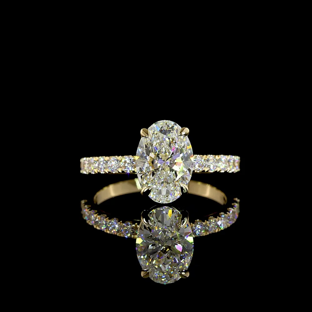 14K Yellow Gold Oval Solitaire Engagement Ring with Brilliant Cut Diamond Pavé Shank - 2.46 Carats Total Diamond Weight (IGI Certified) - Covaloro Fine Jewelry