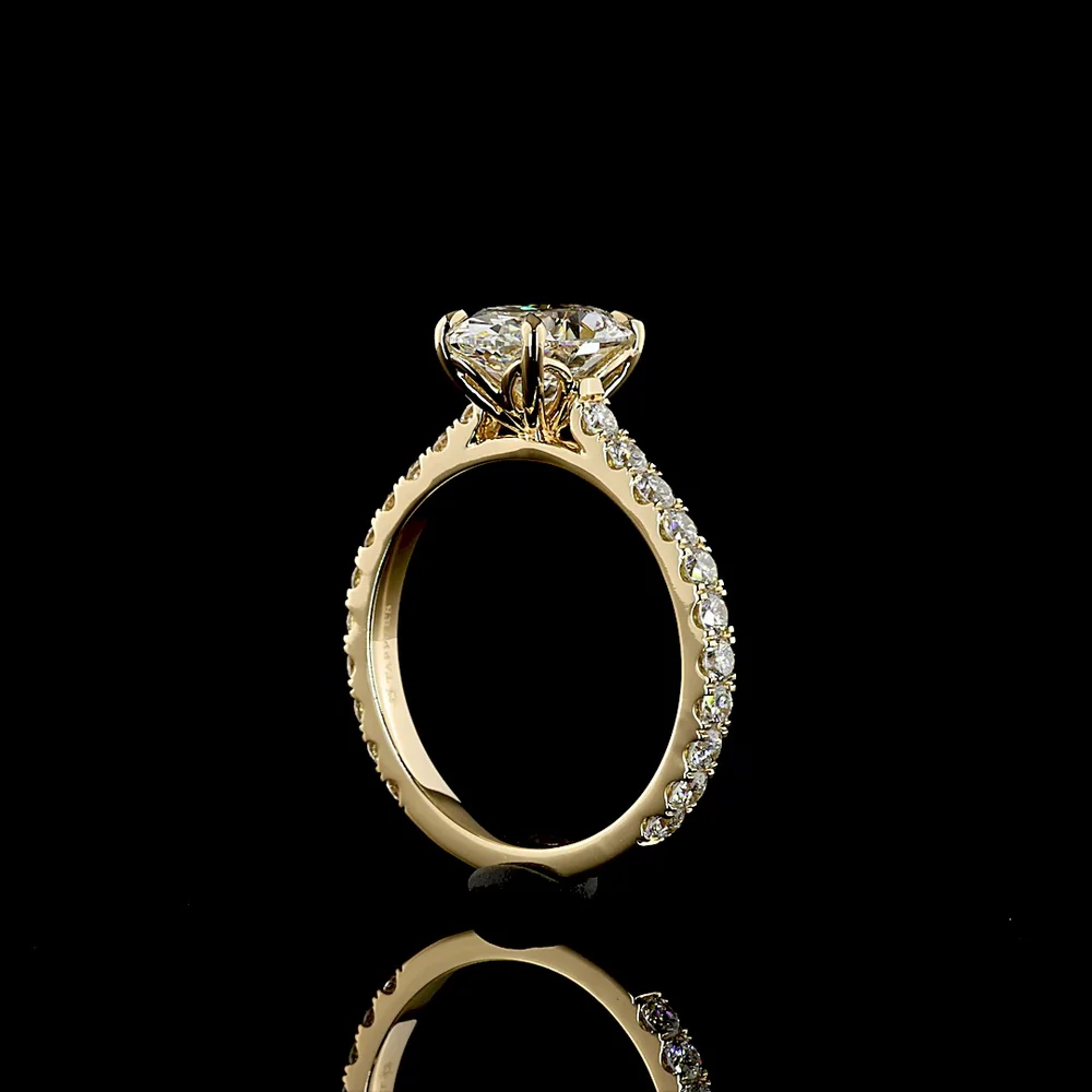 14K Yellow Gold Oval Solitaire Shank Ring with 2.02 Carat Oval Lab Diamond Center and 0.73 Carat Brilliant Cut Accent Diamonds - Total 2.75 Carat - IGI Certified E VVS2 - Covaloro Fine Jewelry - Image 3