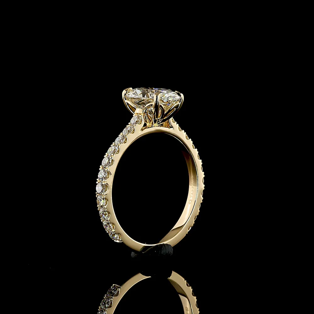 14K Yellow Gold Oval Solitaire Shank Ring with 2.02 Carat Oval Lab Diamond Center and 0.73 Carat Brilliant Cut Accent Diamonds - Total 2.75 Carat - IGI Certified E VVS2 - Covaloro Fine Jewelry - Image 4