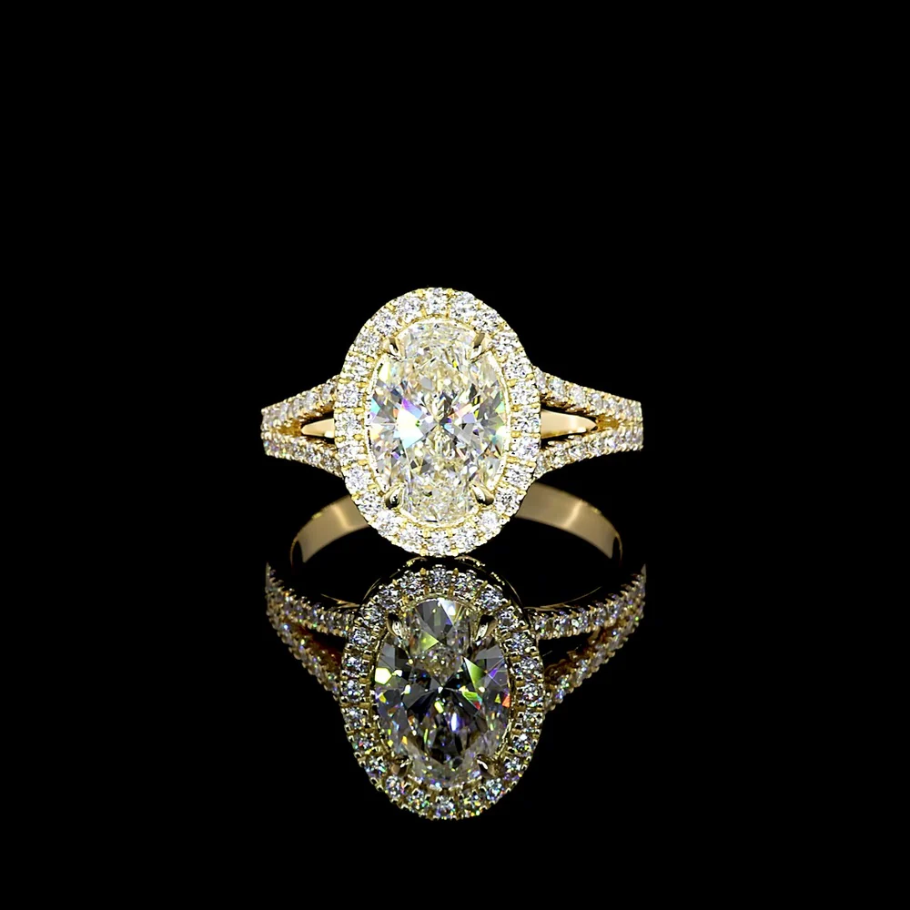 14K Yellow Gold Oval Split Shank Ring with Halo and Prong Set Lab Diamonds - 2.59 Carats Total Diamond Weight - Covaloro Fine Jewelry