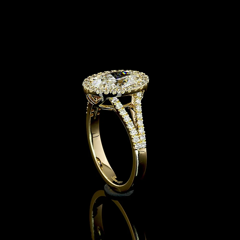 14K Yellow Gold Oval Split Shank Ring with Halo and Prong Set Lab Diamonds - 2.59 Carats Total Diamond Weight - Covaloro Fine Jewelry - Image 3