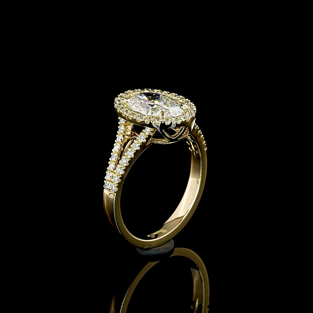 14K Yellow Gold Oval Split Shank Ring with Halo and Prong Set Lab Diamonds - 2.59 Carats Total Diamond Weight - Covaloro Fine Jewelry - Image 4