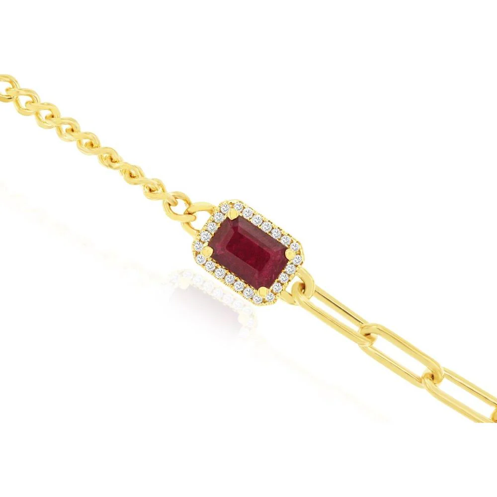 14K Yellow Gold Paperclip & Cable Link Bracelet with Emerald Cut Ruby and Diamond Halo - 0.63 Carat Ruby Total Weight, 0.08 Carat Diamond Total Weight - Royal Jewelry