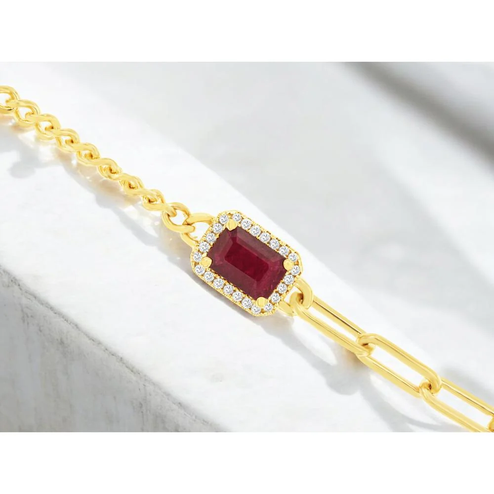 14K Yellow Gold Paperclip & Cable Link Bracelet with Emerald Cut Ruby and Diamond Halo - 0.63 Carat Ruby Total Weight, 0.08 Carat Diamond Total Weight - Royal Jewelry - Image 2