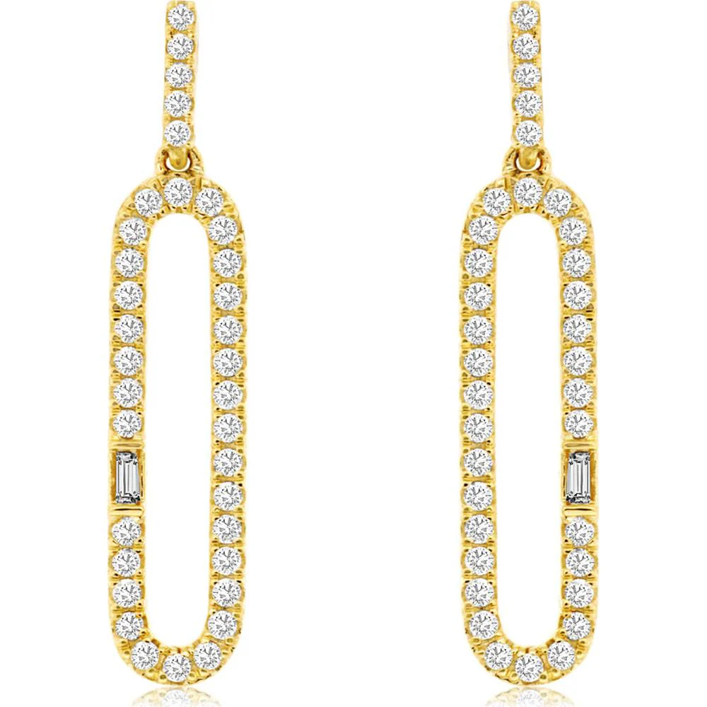 14K Yellow Gold Paperclip Drop Earrings with Round and Baguette Diamonds - 0.50 Total Carat Weight - Royal Jewelry